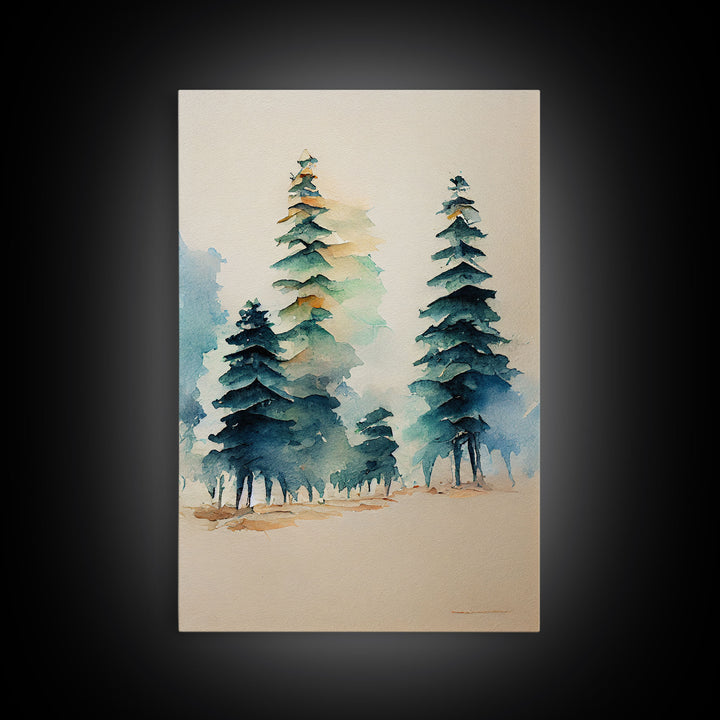 Mysterious Pine Tree Forest Watercolor Canvas Print - Nature Wall Art Home Decor Artwork, Framed Canvas Print