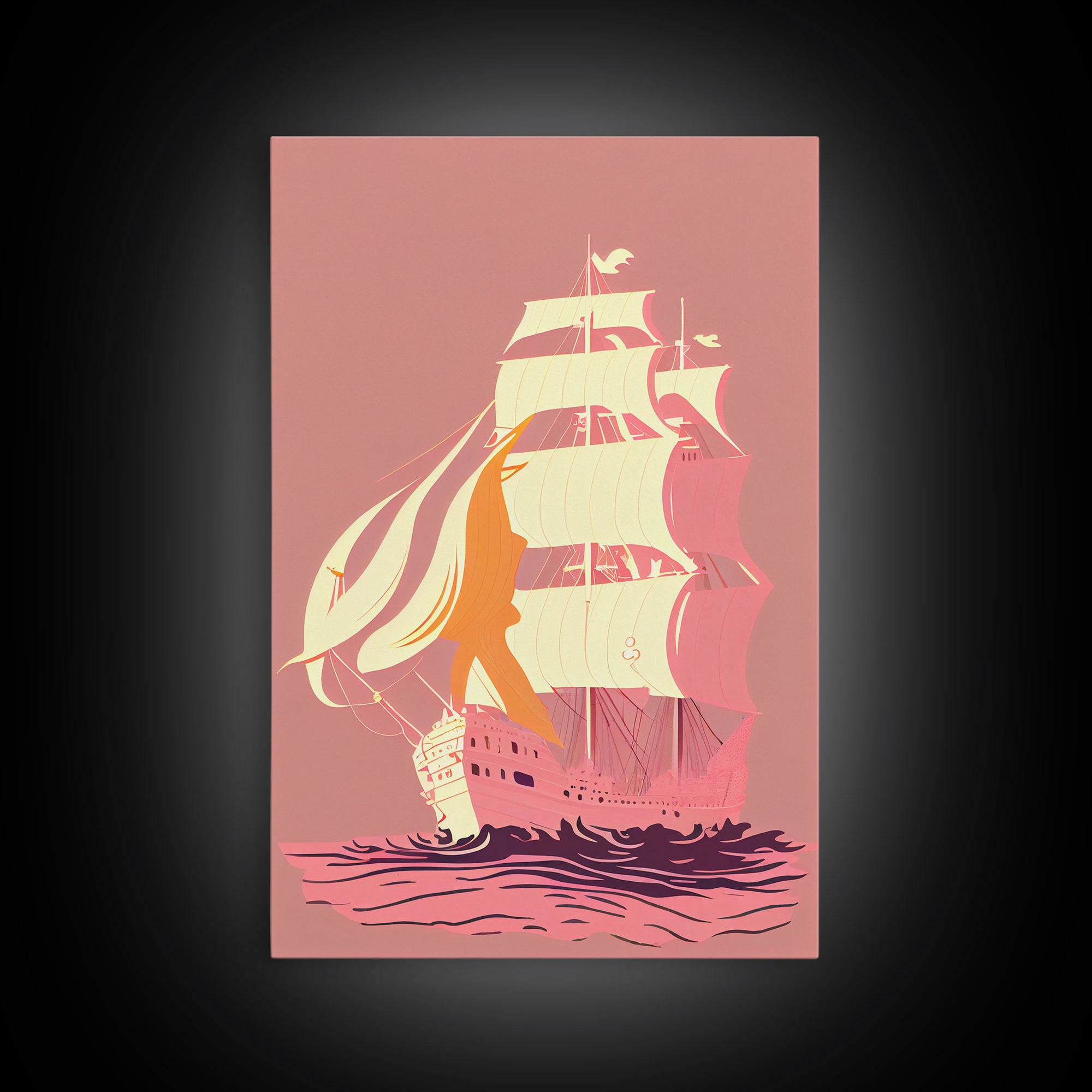 Pastel pirate ship, pink boat, vaporwave pirate ship, framed canvas print, framed wall art