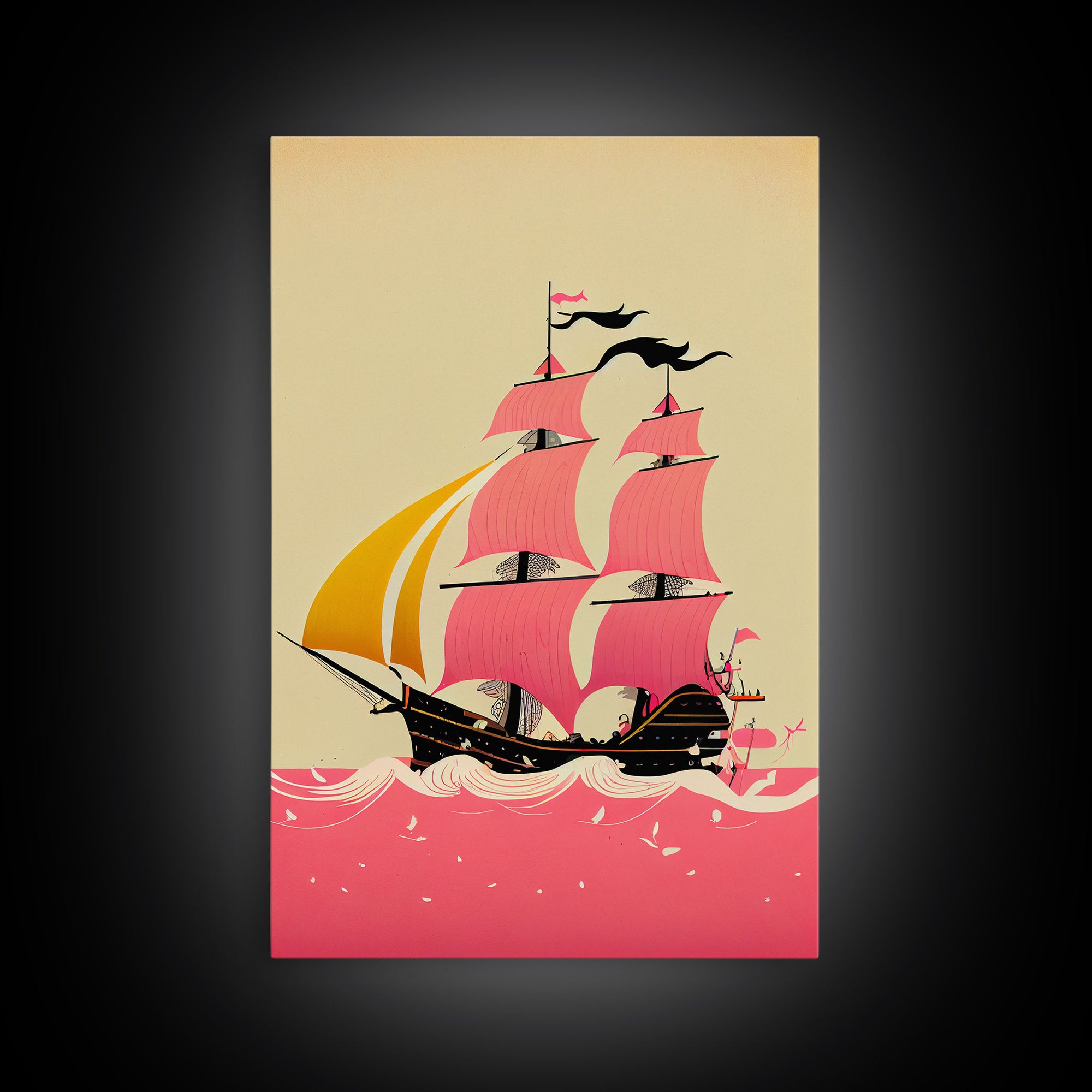 Vaporwave sail boat art, pink pirate ship, framed wall art, framed canvas print