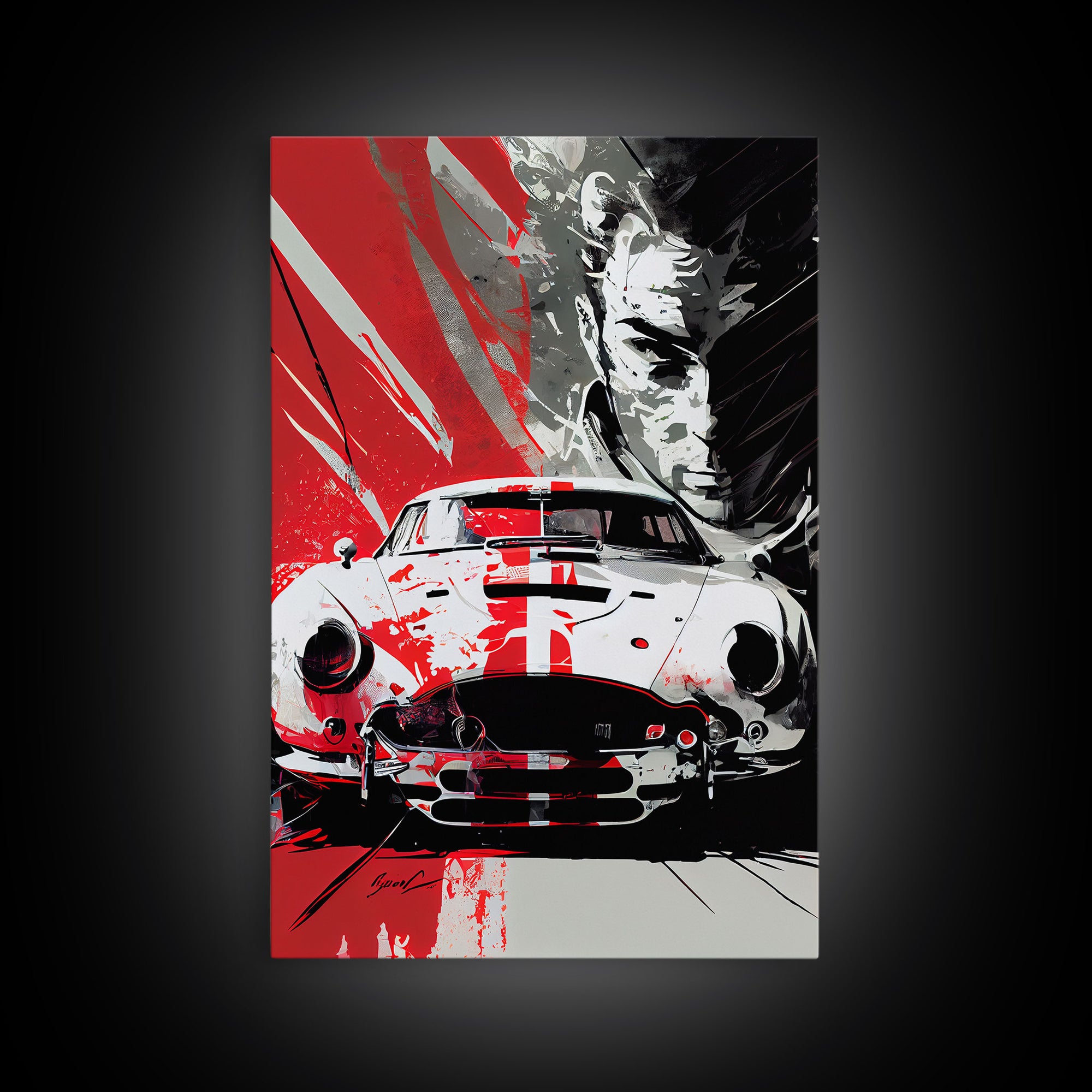 Vintage sports car graffiti art, framed canvas print, wall decor, mancave art