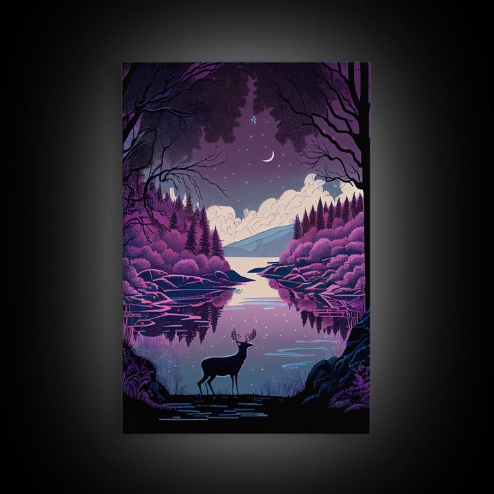 Mystical Deer Purple Forest Lake Wall Art Canvas Print - Serene Nature Scene Vibrant Artwork