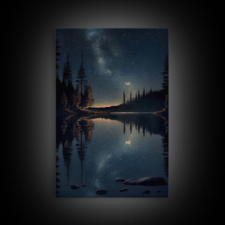 Reflections of a starry night sky over the lake, lakehouse art, beautiful framed canvas print