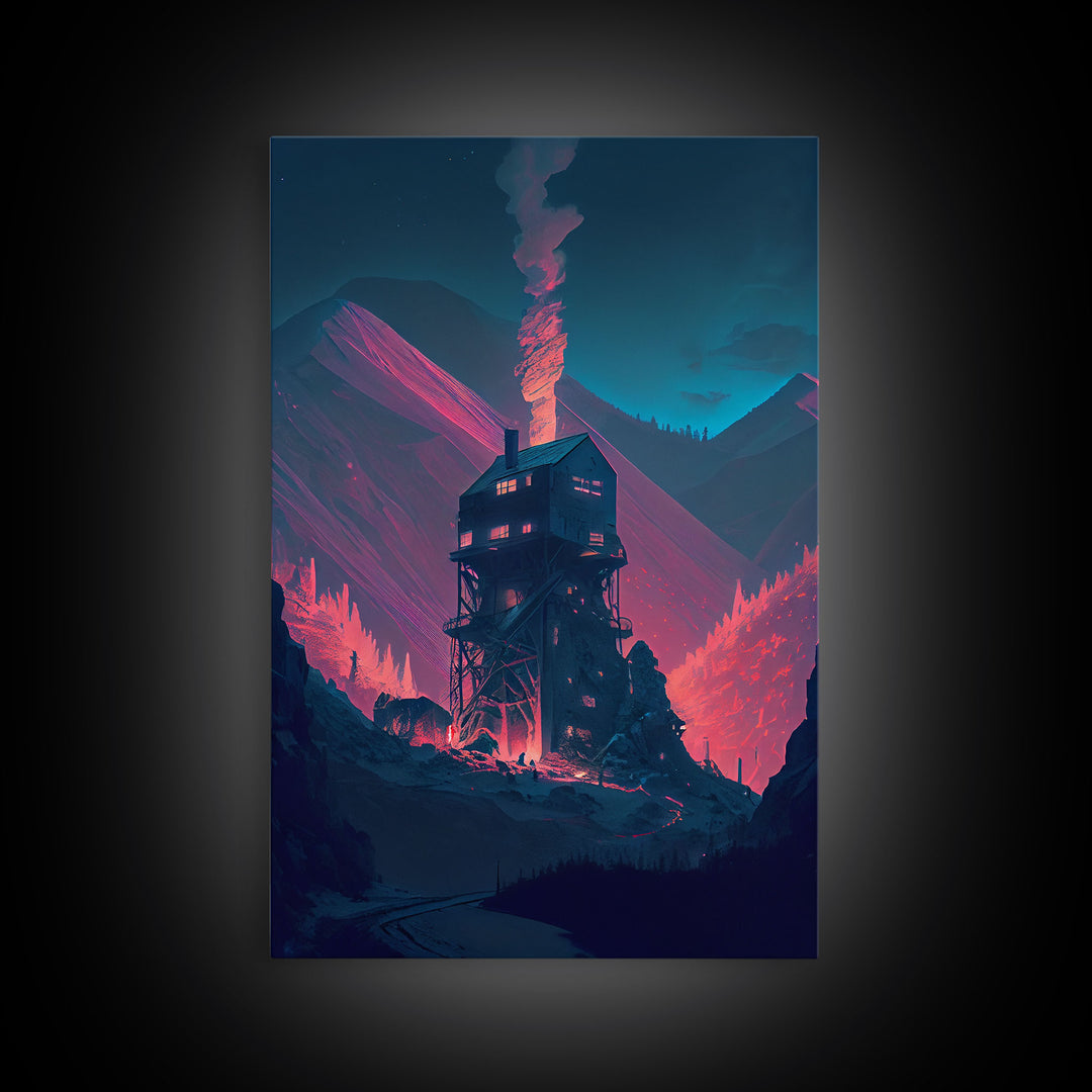Fire-Watch, Watch Tower art, vaporwave aesthetic wall art, framed canvas print