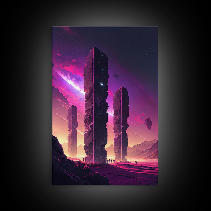 The Monoliths, Scifi art, retro synthwave style alien planet art, framed canvas print