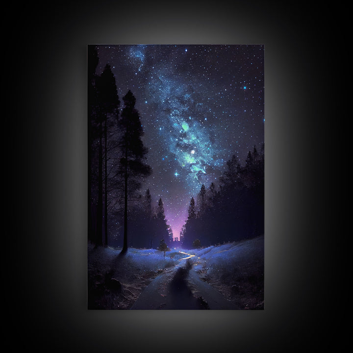 Starry Night Time Landscape, Milky Way Galaxy Art, Pine Tree Forest, Framed Canvas Print