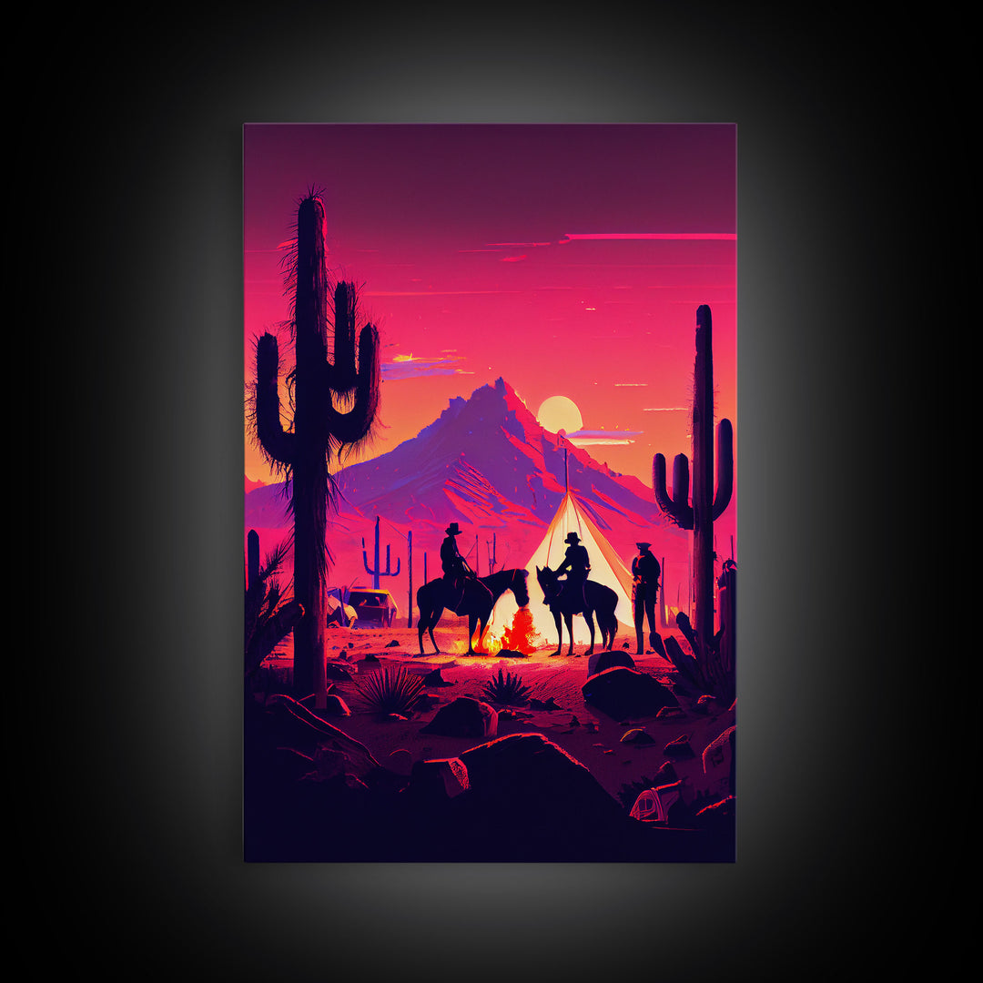 Wild West Outlaw decor, camping in the Arizona desert, Cactus art, framed canvas print