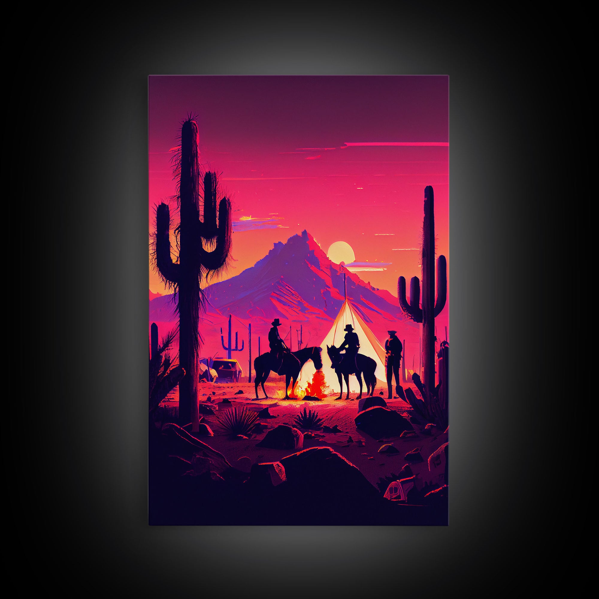 Wild West Outlaw decor, camping in the Arizona desert, Cactus art, framed canvas print