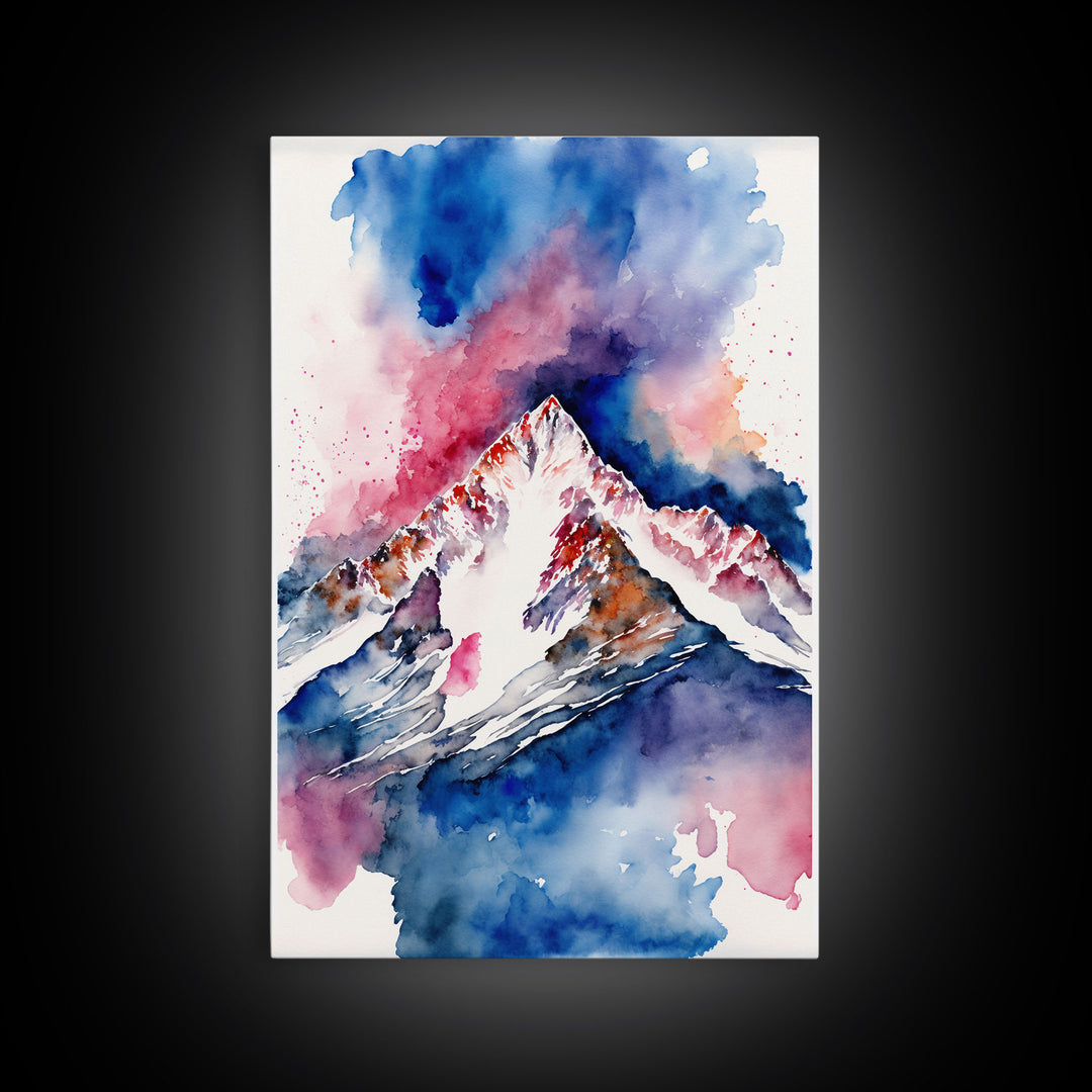 Red, White and Blue Mountain Landscape Watercolor, Framed Canvas Print, Colorful Unique Wall Art