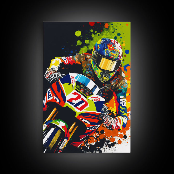 Pop Art Moto Racer, Motorcycle Art, WPAP Style, Framed Canvas Print, Graffiti style motorcycle art, dirt bike racer art