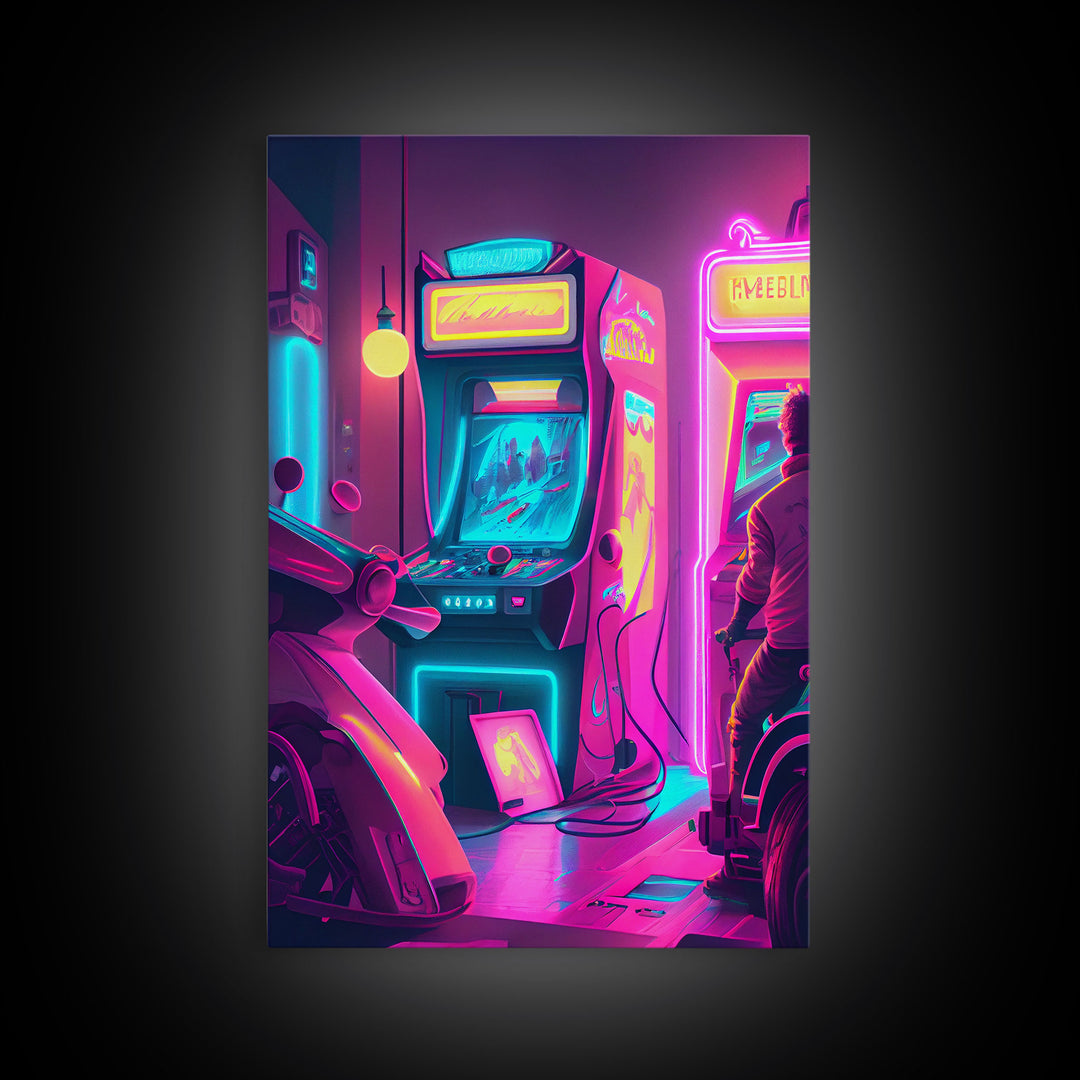 Game Room Decor, Framed Canvas Print, Synthwave Arcade, Boys Room, Gamer Gift, Gaming Wall Art, Video Game Posters, Teen Room