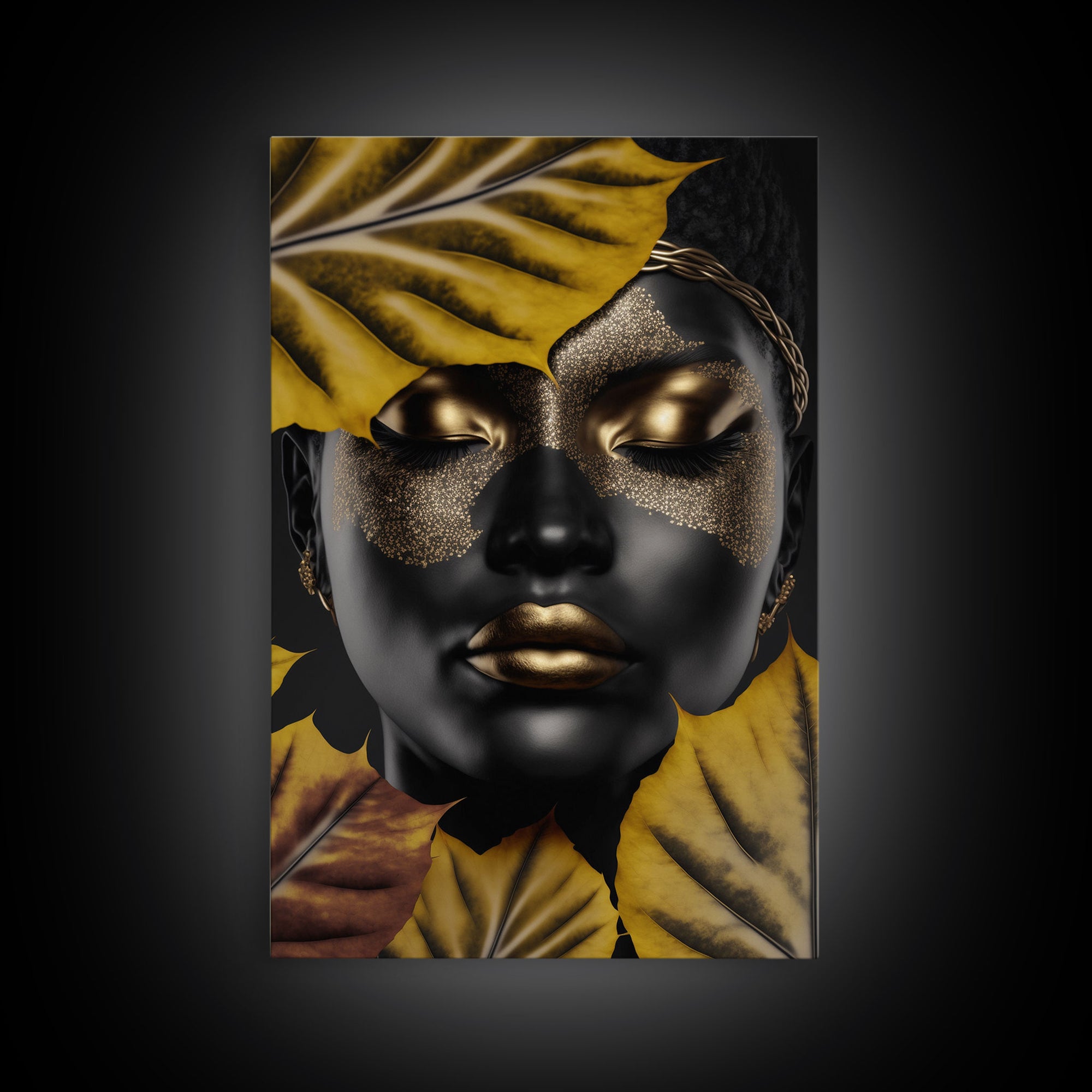 Beautiful Woman Art Framed Canvas Print Black Gold Woman Wall Art Lady Print, Gold Face Leaves Palm decor ready to hang Ethnic girl portrait