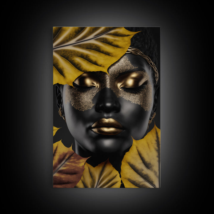 Beautiful Woman Art Framed Canvas Print Black Gold Woman Wall Art Lady Print, Gold Face Leaves Palm decor ready to hang Ethnic girl portrait