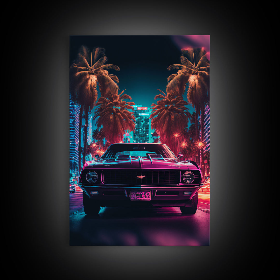 American Muscle Car on Sunset Strip, Retro Synthwave Art, Framed Canvas Print, Gift For Him, Muscle Car Art