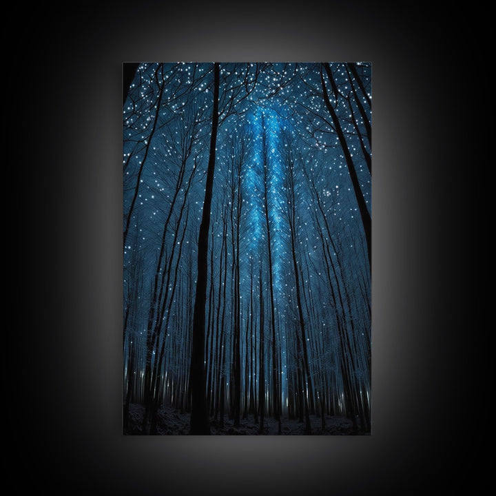 Birch Tree Forest At Night, Starry Night Sky, Framed Canvas Print, Boho Minimalist Farmhouse Decor, Primitive Art