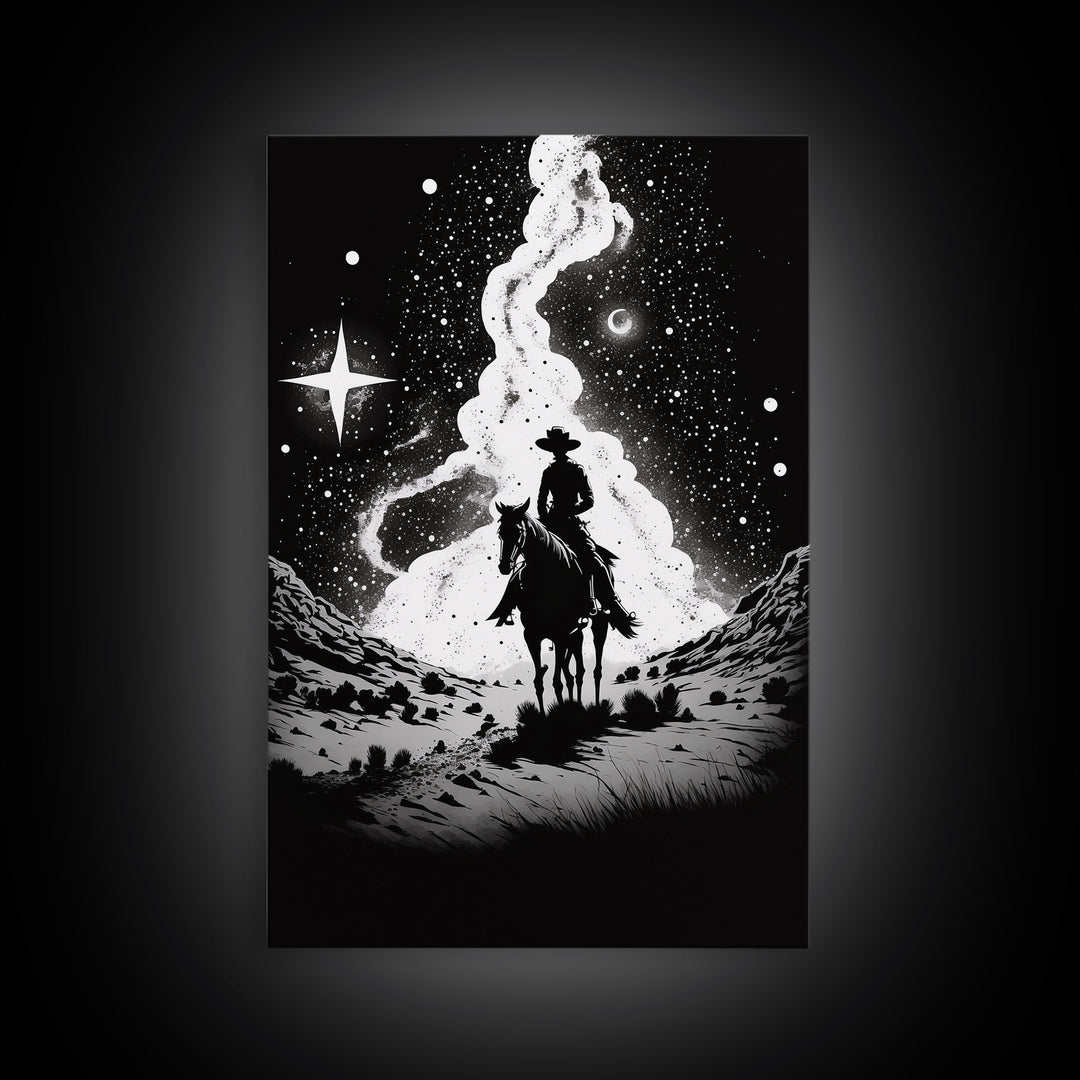 Western Decor, Black and White Cowboy Art, Framed Canvas Print