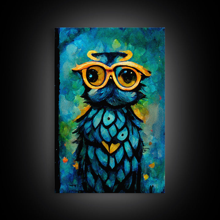 Wise Owl With Glasses Canvas Art - Owl Painting - Owl Wall Decor