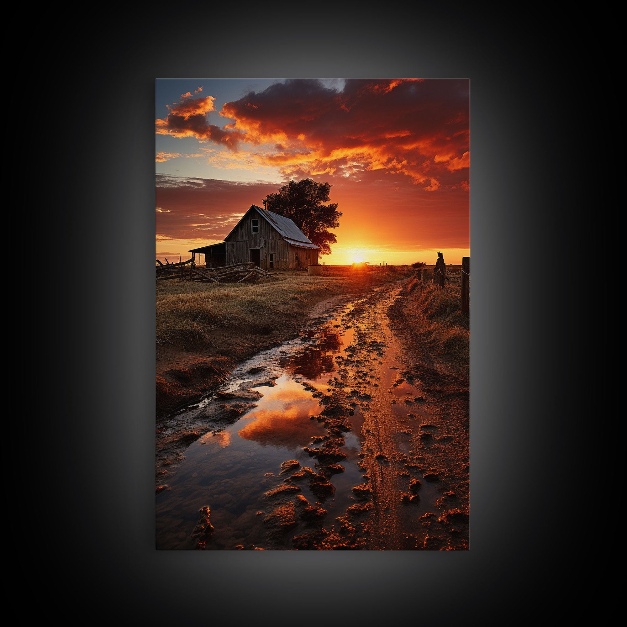 Storm Rolling In Over Country Roads at Sunset, Cottagecore Art, Framed Canvas, Poster Print, Wall Art, Primitive Wall Art, Redneck Art
