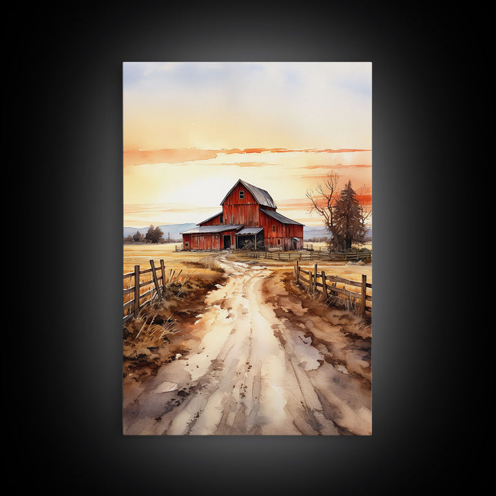 Sunset Over A Red Barn, Watercolor Painting Canvas Print, Country Poster Art,  Framed Canvas, Country Roads, Rustic Farmhouse Decor