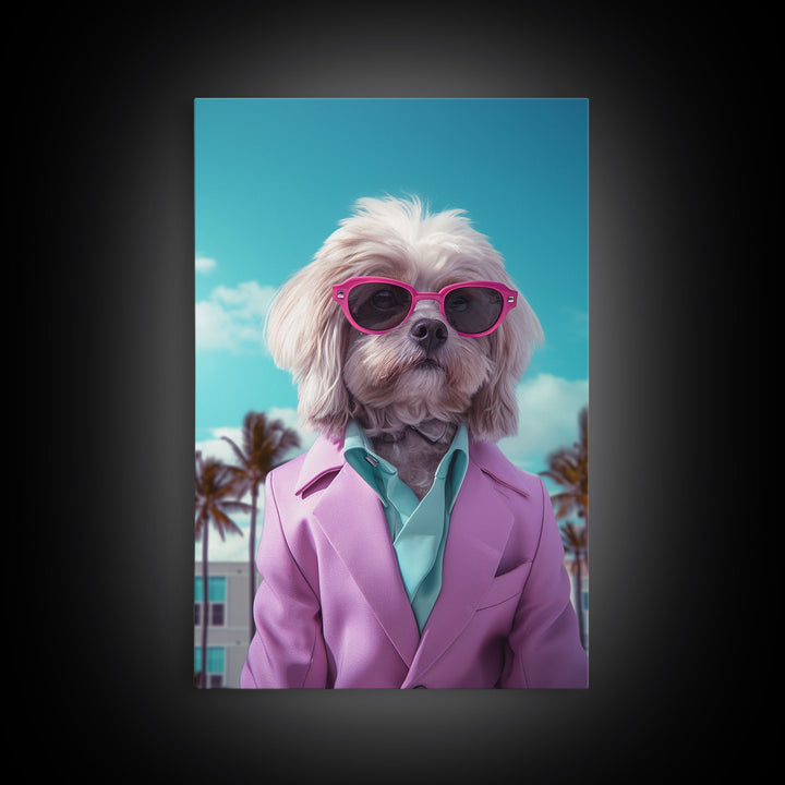 Shih Tzu Wall Print, Dog Wall Art, Dog Sunglasses, Pink Teal Suit, Funny Wall Art, Framed Wall Art, Framed Canvas, Wall Print, Wall Canvas