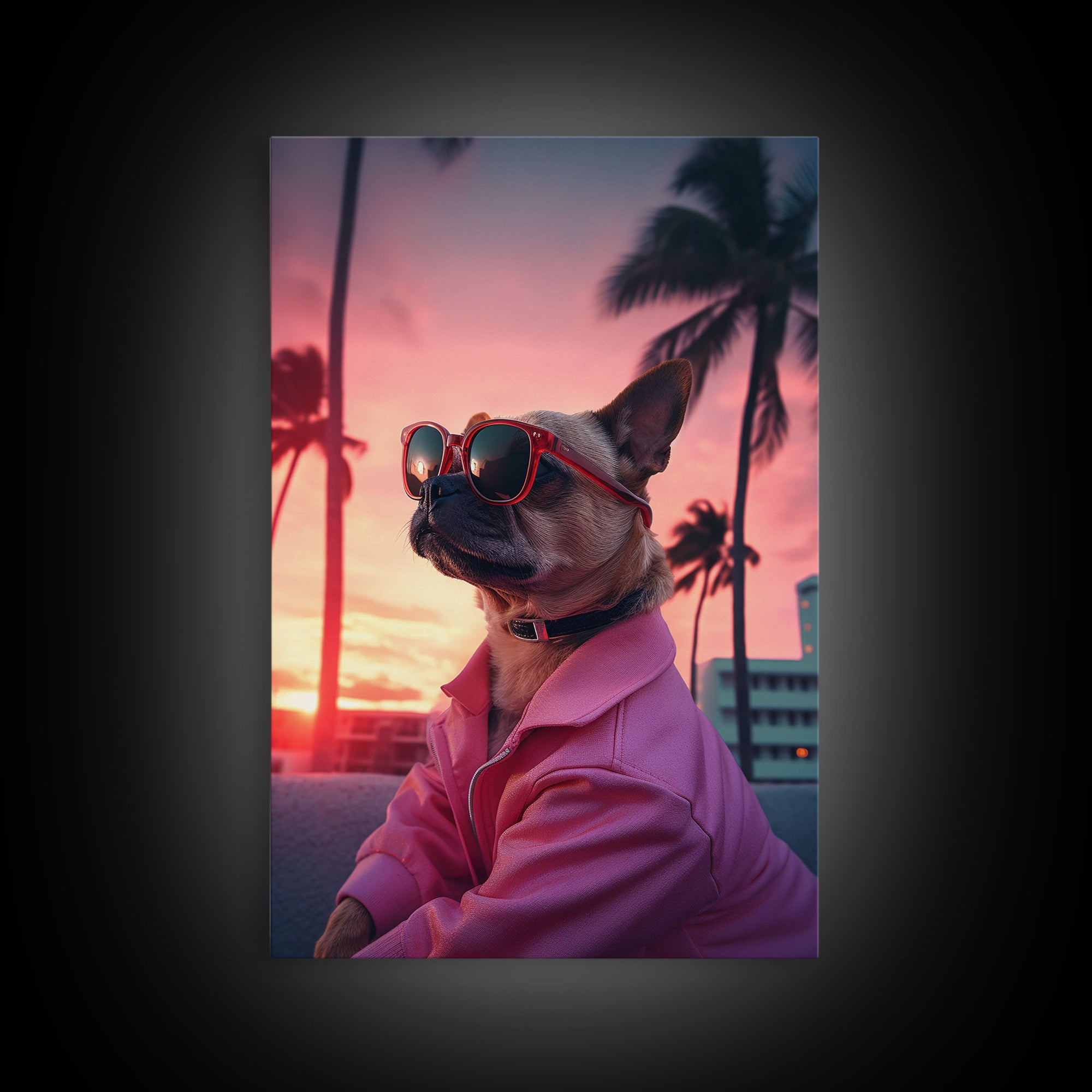 Pug Wall Print, Dog Wall Art, Dog Sunglasses, Dog In Pink Jacket, Funny Art, Framed Wall Art, Framed Canvas, Wall Print, Wall Canvas