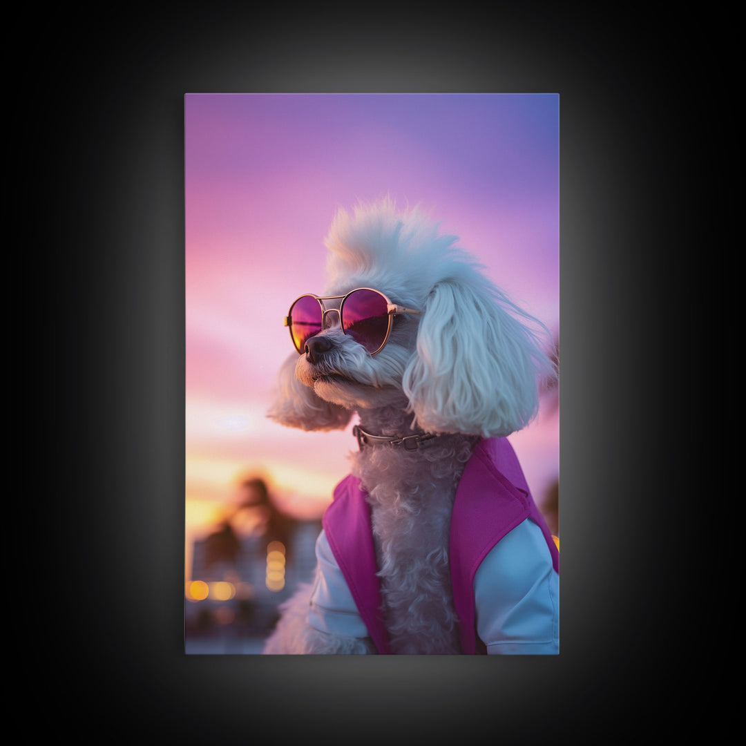 Poodle Wall Print, Dog Wall Art, Dog Sunglasses, Dog In Pink White Suit, Funny Art, Framed Wall Art, Framed Canvas, Wall Print, Wall Canvas