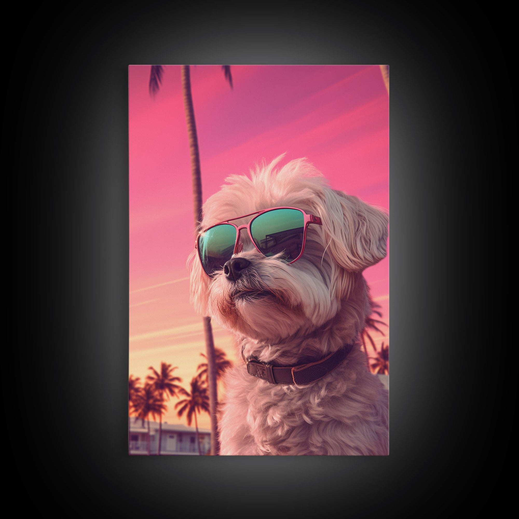 Shih Tzu Wall Print, Dog Wall Art, Dog Sunglasses, Palm Trees, Sunset, Funny Art, Framed Wall Art, Framed Canvas, Wall Print, Wall Canvas