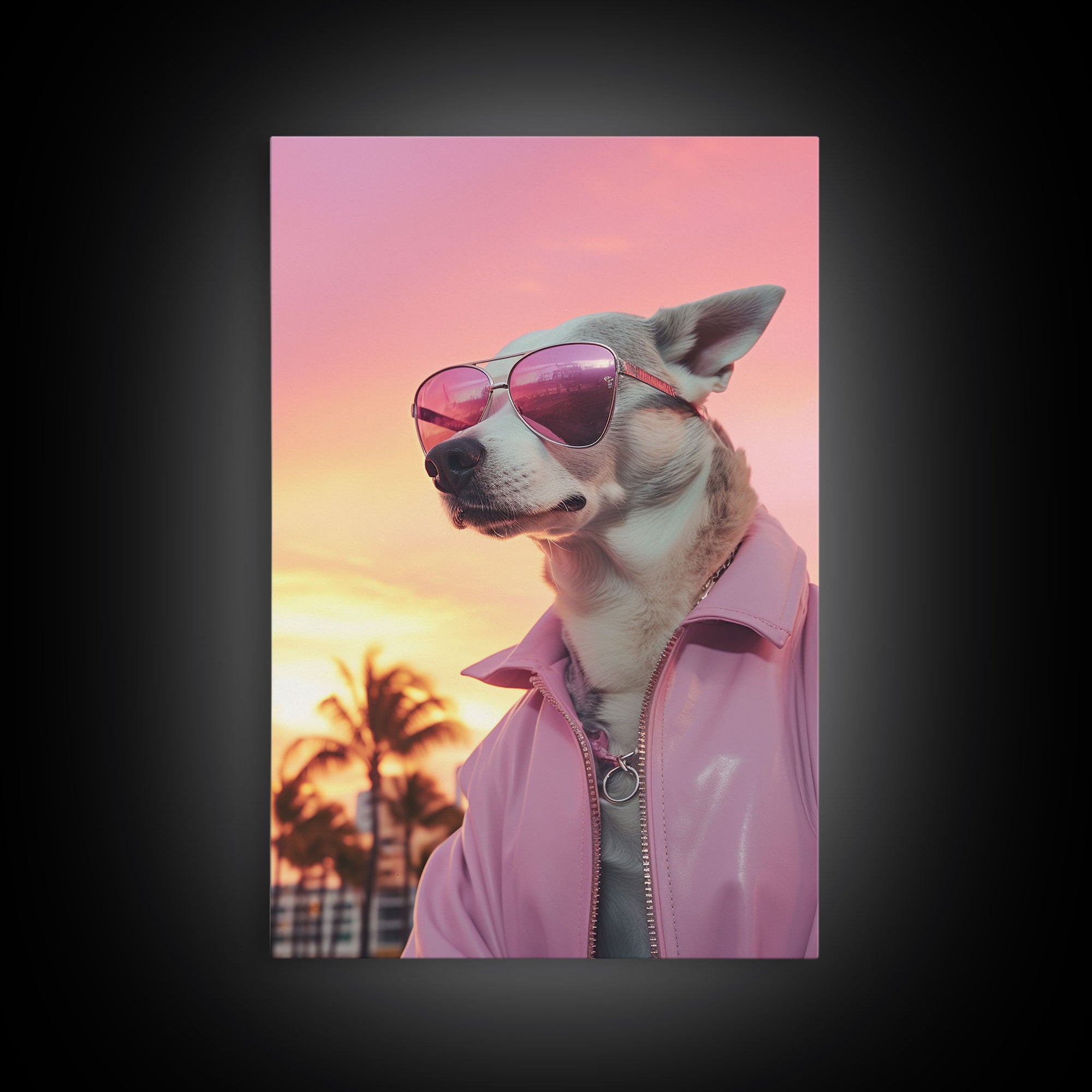 Chihuahua Wall Print, Dog Wall Art, Dog Sunglasses, Dog In Pink Jacket, Funny Art, Framed Wall Art, Framed Canvas, Wall Print, Wall Canvas