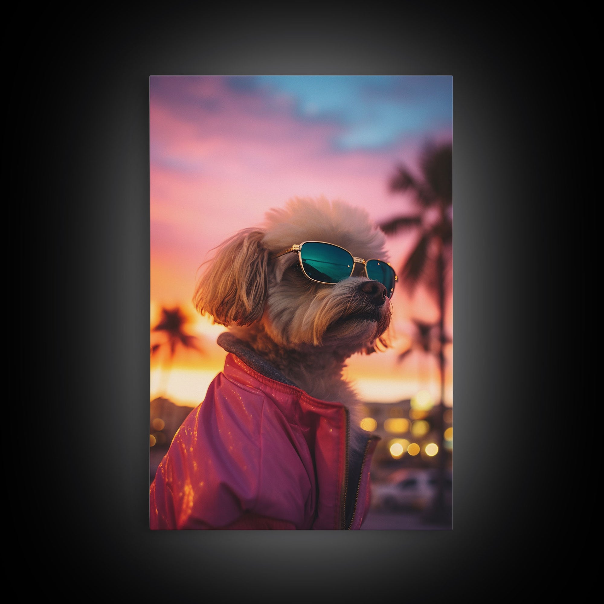 Shih Tzu Wall Print, Dog Portrait, Dog Sunglasses, Dog In Pink Jacket, Funny Art, Framed Wall Art, Framed Canvas, Wall Print, Wall Canvas