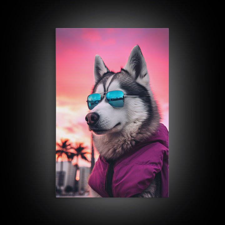 Siberian Husky In Pink Jacket Sunglasses Wall Print, Dog Art Print, Dog Portrait, Framed Wall Art, Framed Canvas, Wall Print, Wall Canvas
