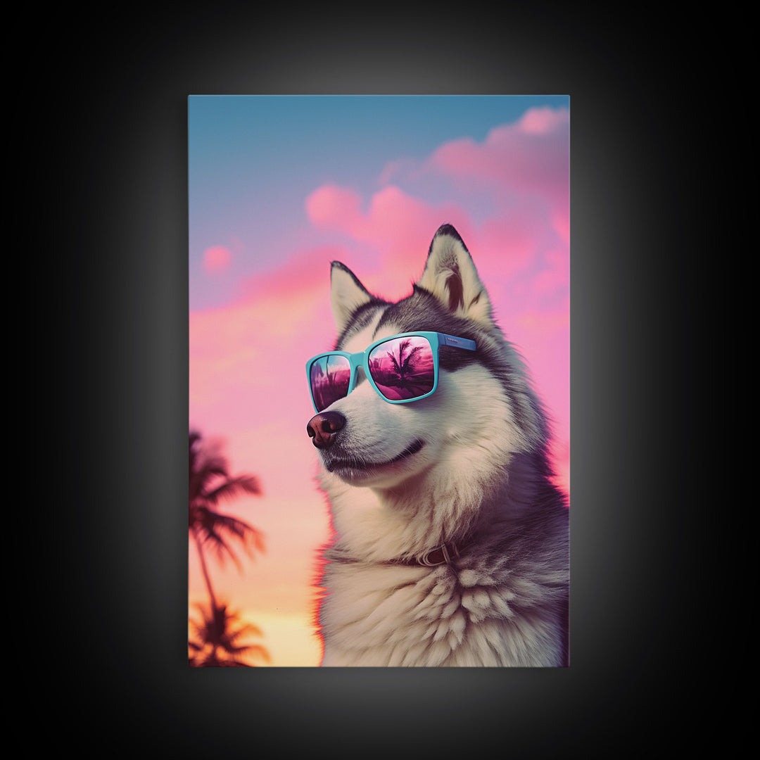Siberian Husky In Pink Sunglasses Wall Print, Dog Art Print, Dog Portrait, Framed Wall Art, Framed Canvas, Wall Print, Wall Canvas