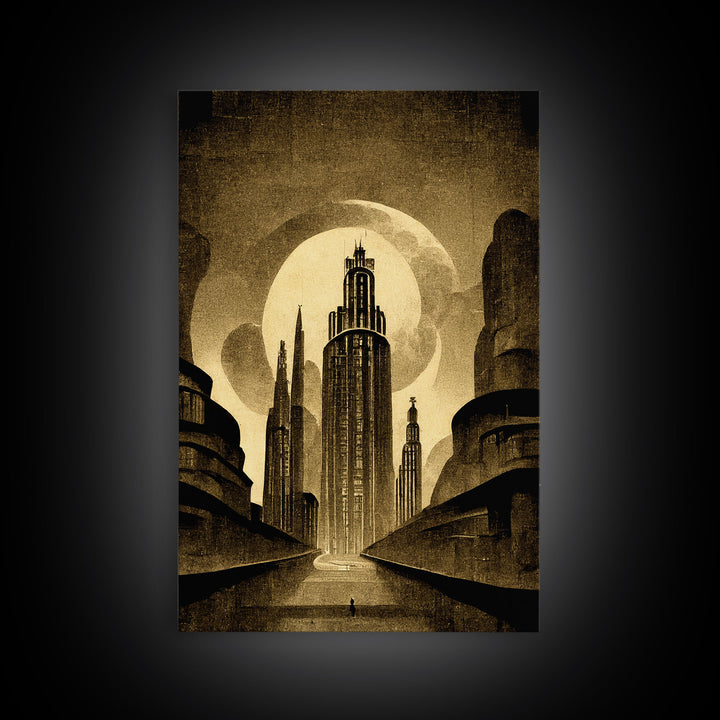 Dystopian Metropolis Art Deco Canvas Print, City Skyline, Fantasy Art, Art Deco Living Room Art, ready to hang wall art