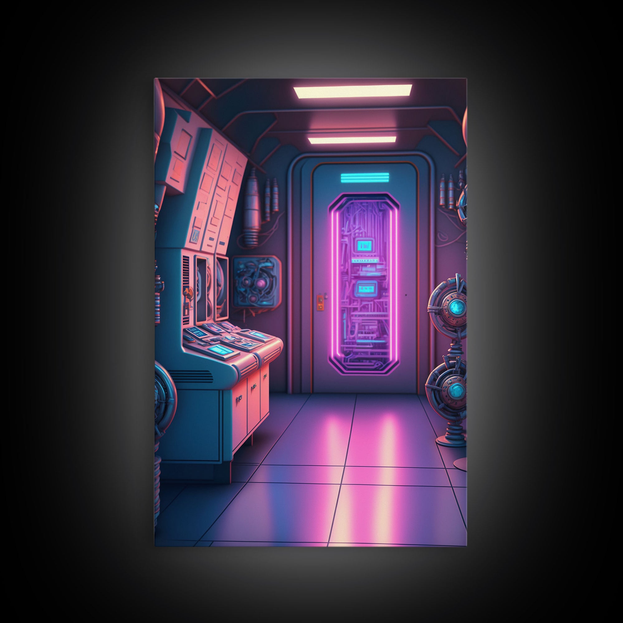 Vaporwave Futuristic Cyberpunk Space Ship Control Room, Framed Canvas Print, Scifi Art