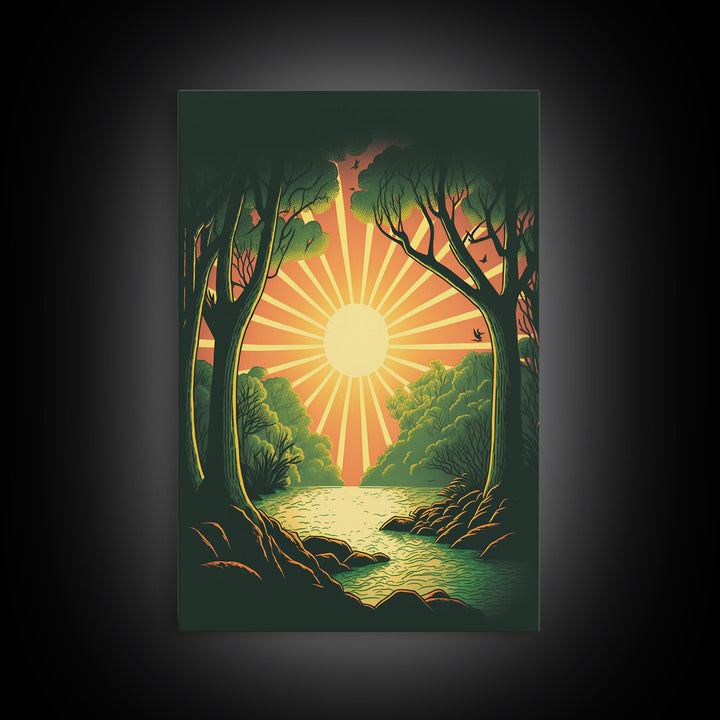Retro Style Sunset Art, Art Deco Style Landscape Decor, Framed Canvas Print, Sunrise Golden Hour Art