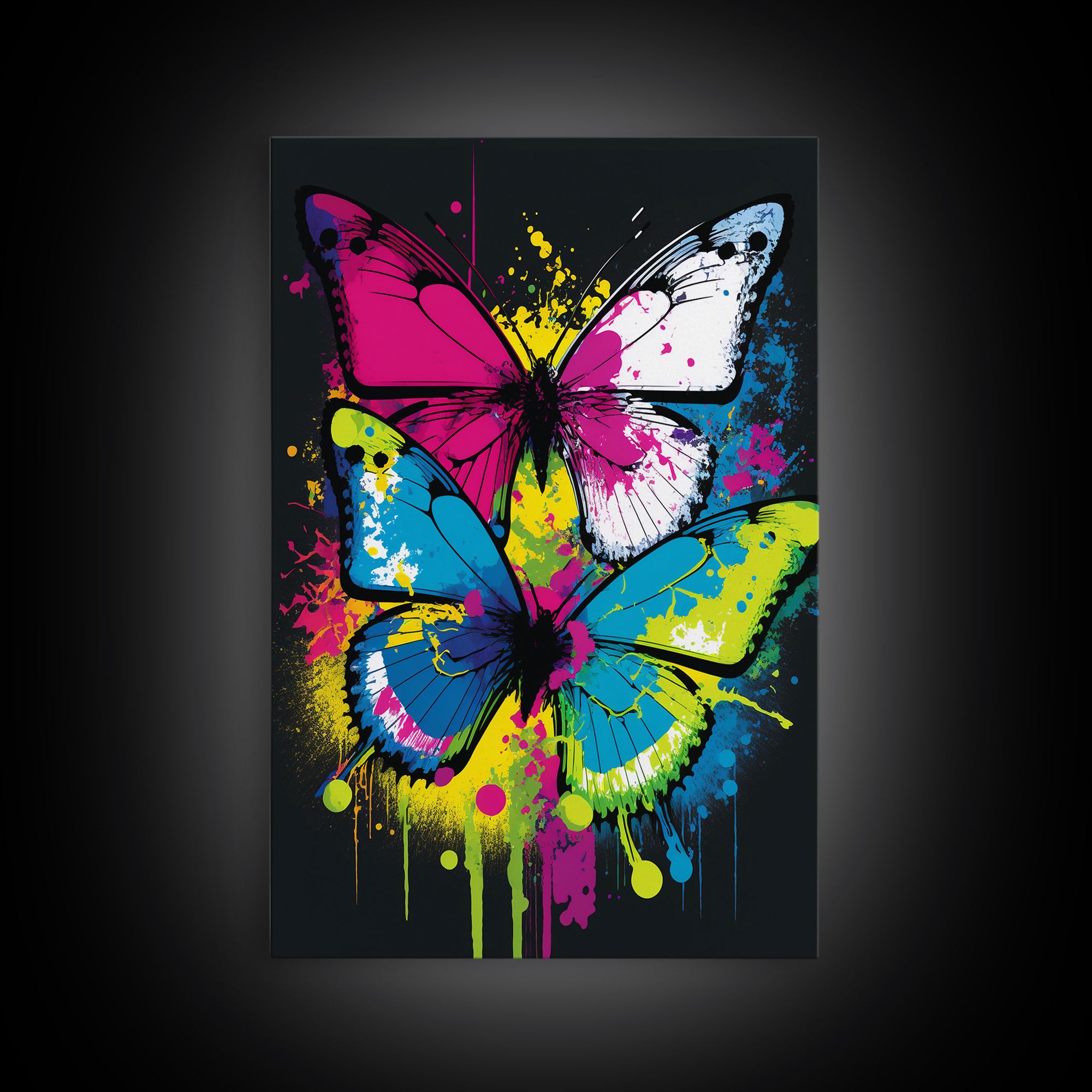Graffiti Butterfly Art, Framed Canvas Print, Large Wall Art, Contemporary Punk Art, Butterflies, Pop Art, Paint Splatter Art