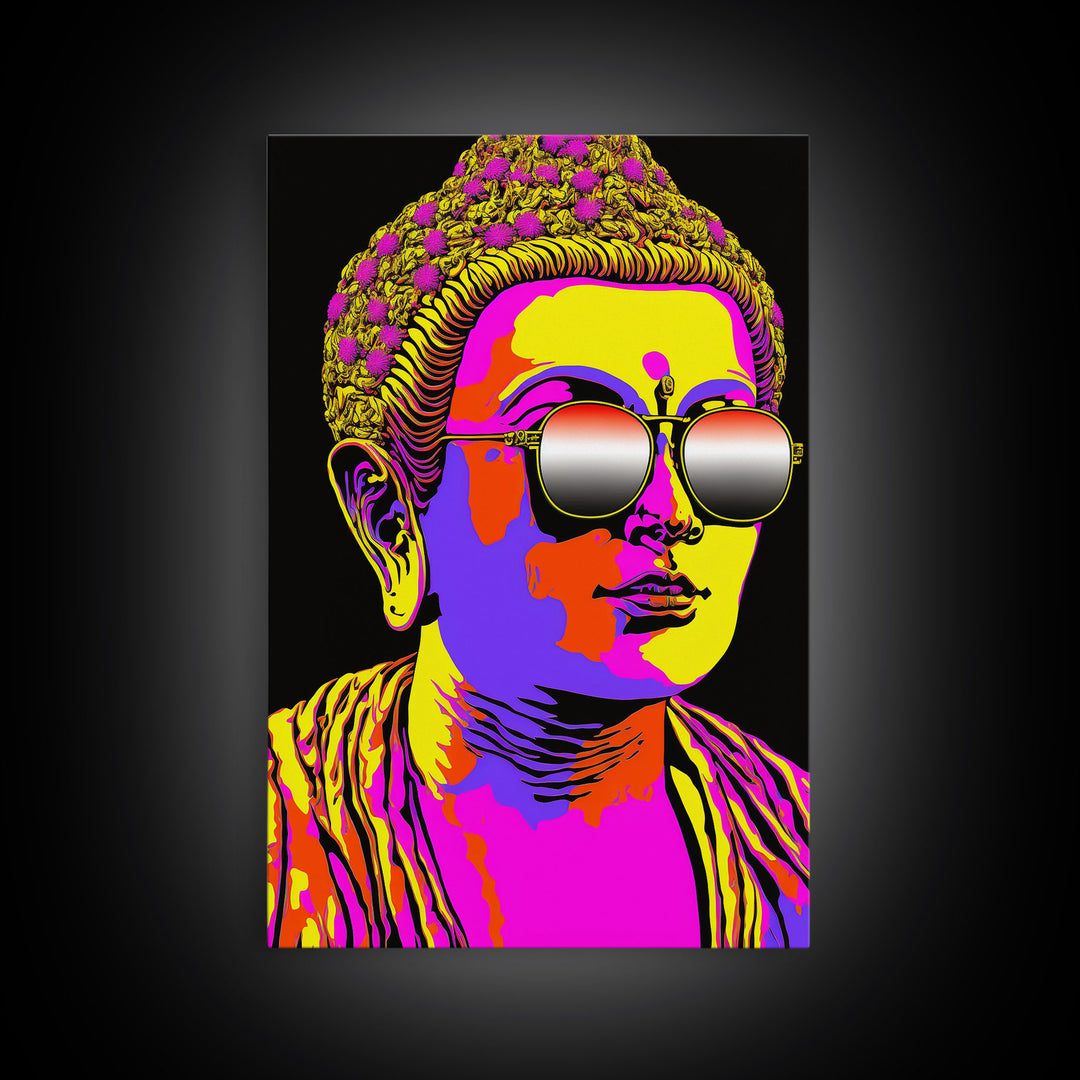 Heatwave Buddha Statue Wearing 80s Style Sunglasses, Framed Canvas Print, Psychedelic Meditation Buddhism Art, Art Deco Sunburst Buddha Art