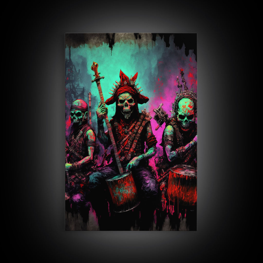 Death Metal Skeletons, Medieval Heavy Metal Undead Band Art, Framed Canvas Print, Unique Office Large Wall Art, Mancave Art