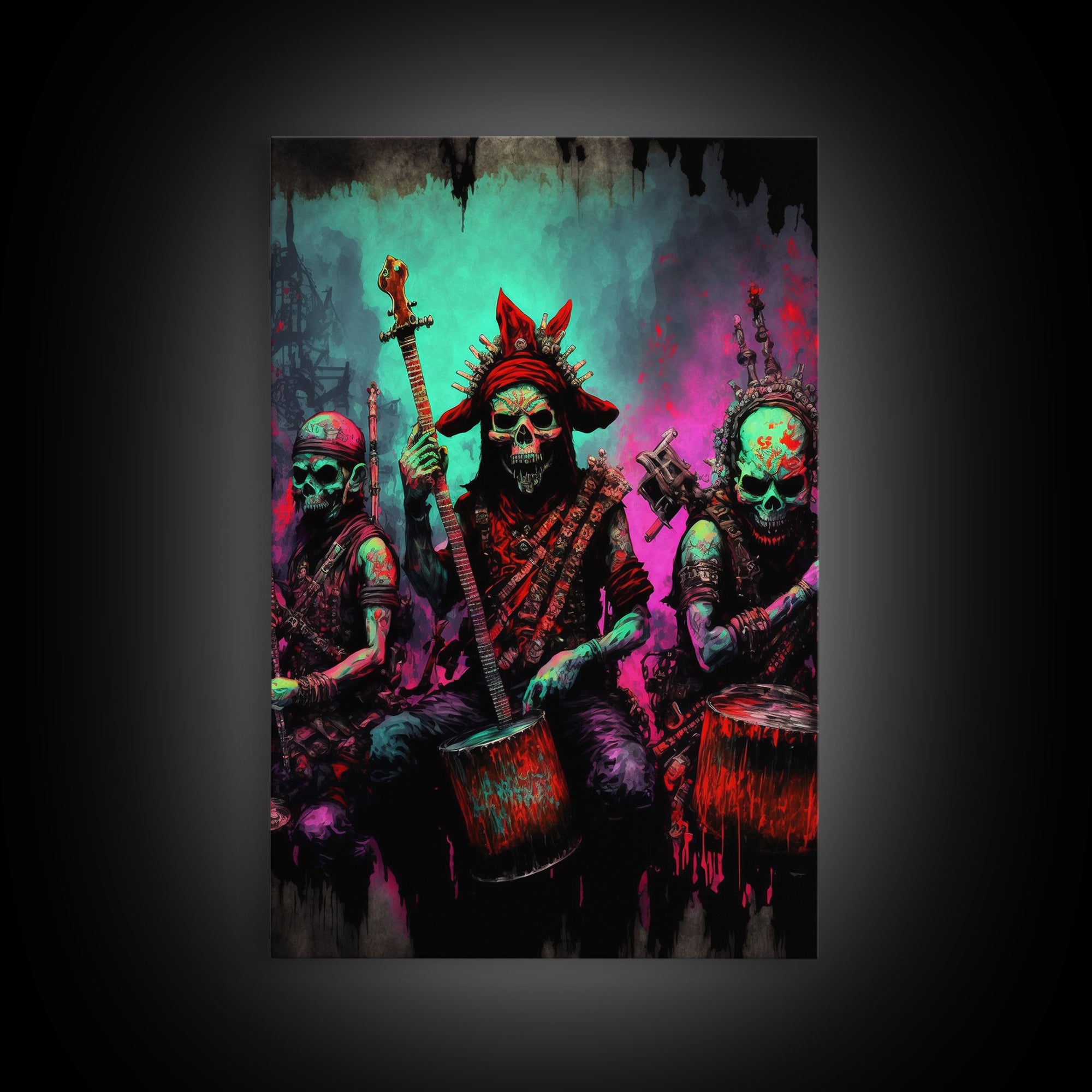 Death Metal Skeletons, Medieval Heavy Metal Undead Band Art, Framed Canvas Print, Unique Office Large Wall Art, Mancave Art