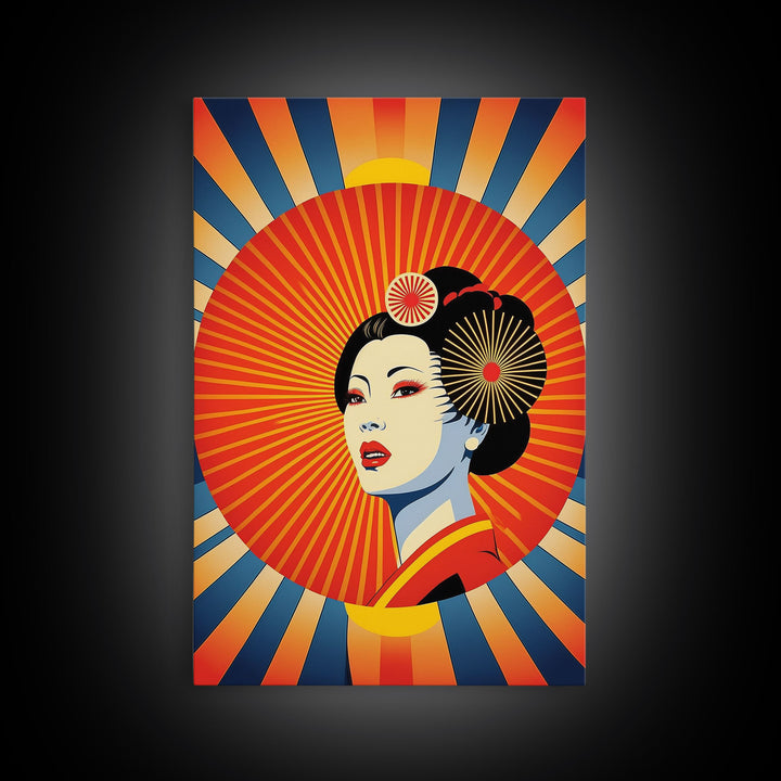 Portrait of a Geisha, Pop Art Style, Art Deco Sunburst, Framed Canvas Print