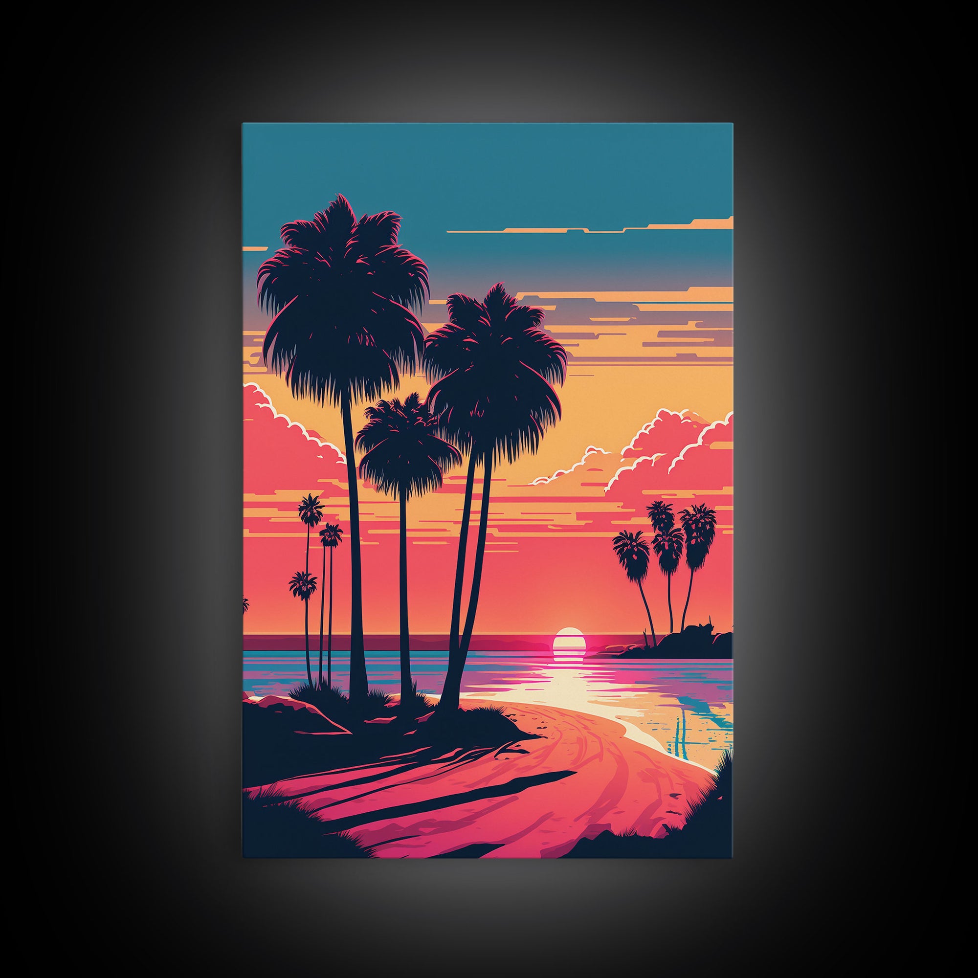 Framed Canvas Print - Art Deco Sunset, Beaches, Minimalist Palm Trees, Retro Synthwave, Vaporwave, 80s Vibes, Gamer Art, Bar Decor