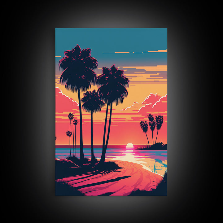 Framed Canvas Print - Art Deco Sunset, Beaches, Minimalist Palm Trees, Retro Synthwave, Vaporwave, 80s Vibes, Gamer Art, Bar Decor