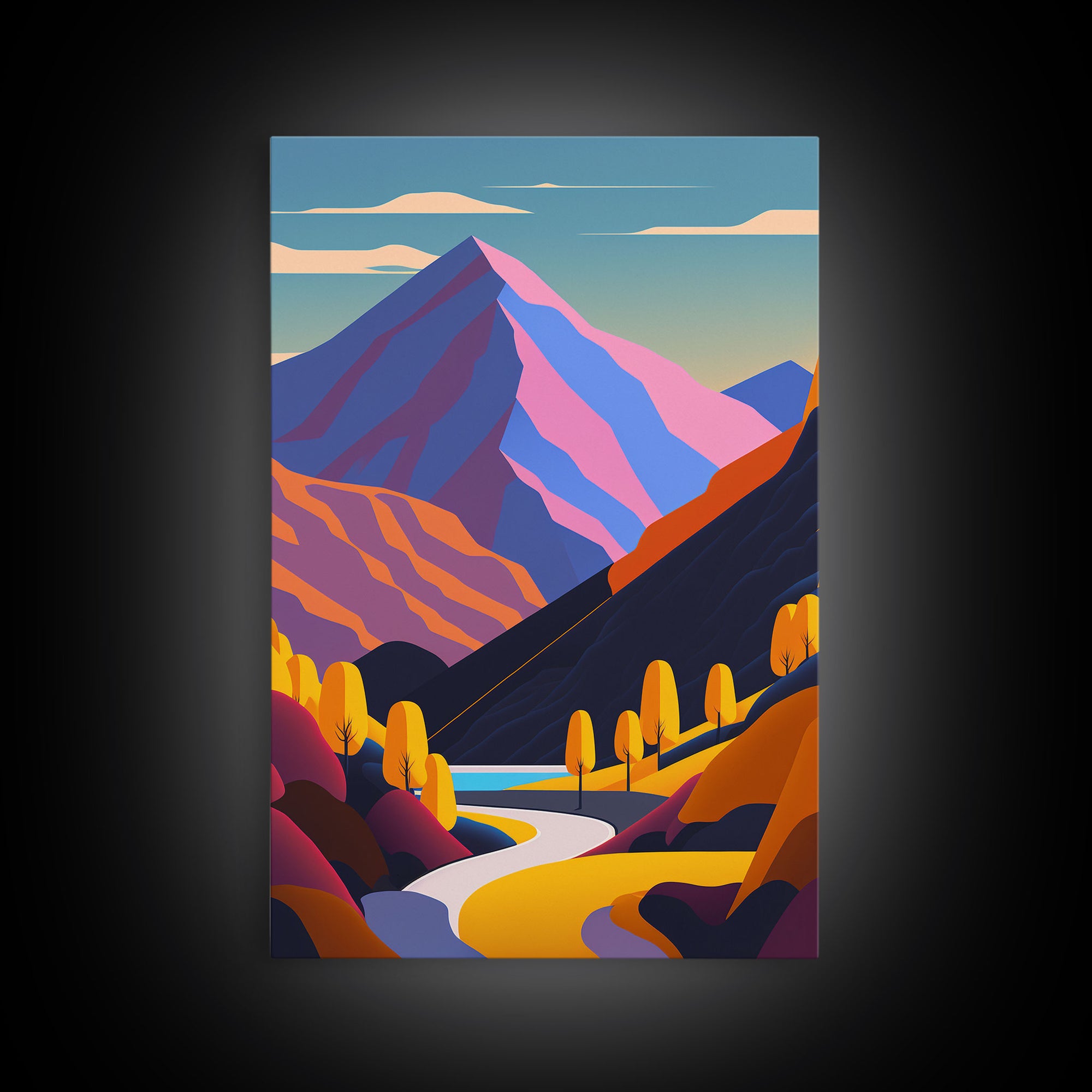 Retro Style Purple Mountain Landscape, Framed Canvas Print, MCM Style Art, Framed Wall Art, Wall Decor, Living Room / Guest Room Art