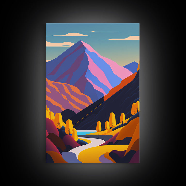 Retro Style Purple Mountain Landscape, Framed Canvas Print, MCM Style Art, Framed Wall Art, Wall Decor, Living Room / Guest Room Art