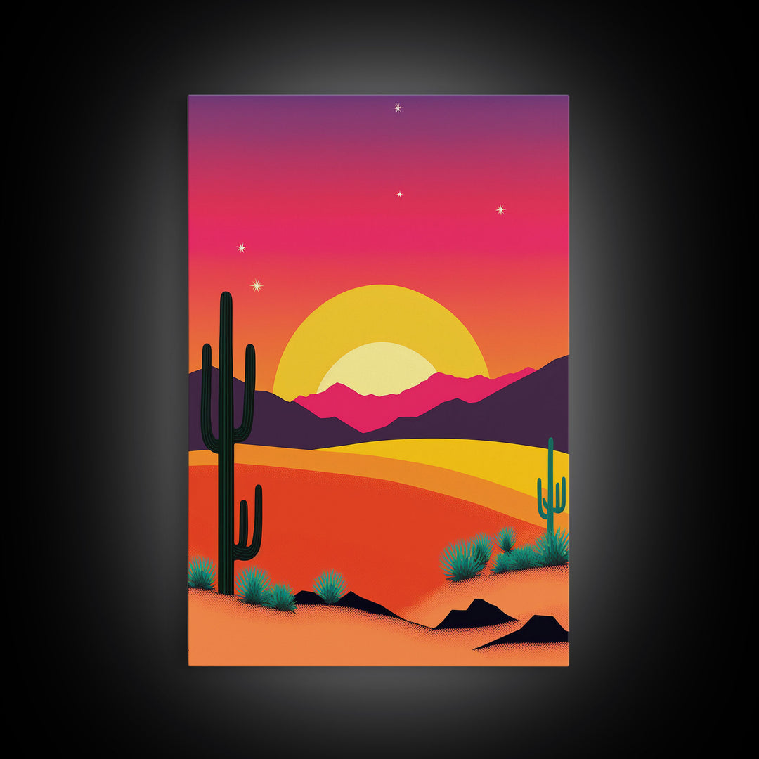 Framed Canvas Art | Sunset Desert Landscape | Pop Art Style | UV-Resistant Coating | Hand-Stretched | 1.5" Thick Wooden Frame