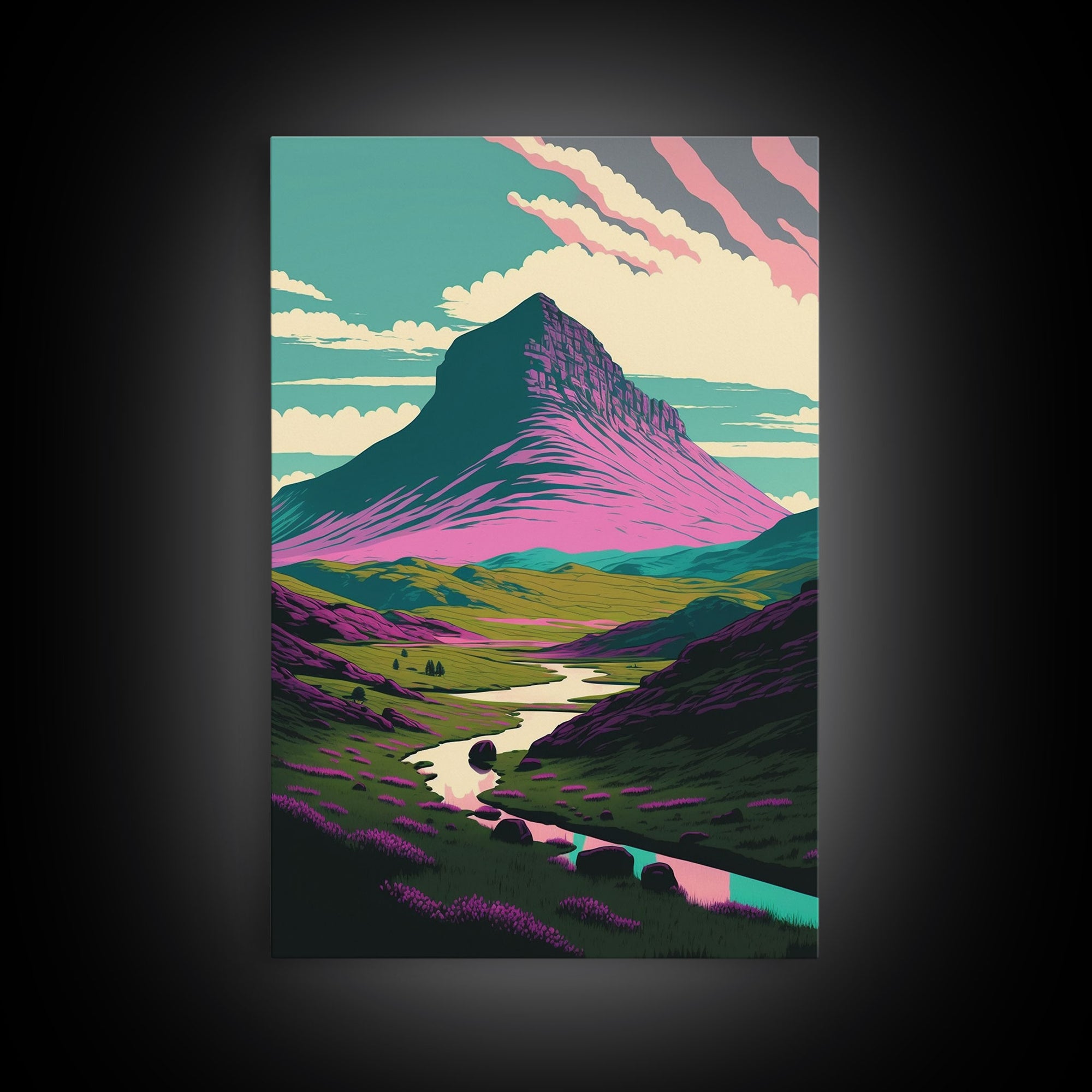 Retro Style Purple Mountain Landscape, Framed Canvas Print, MCM Style Art, Framed Wall Art, Wall Decor, Living Room / Guest Room Art