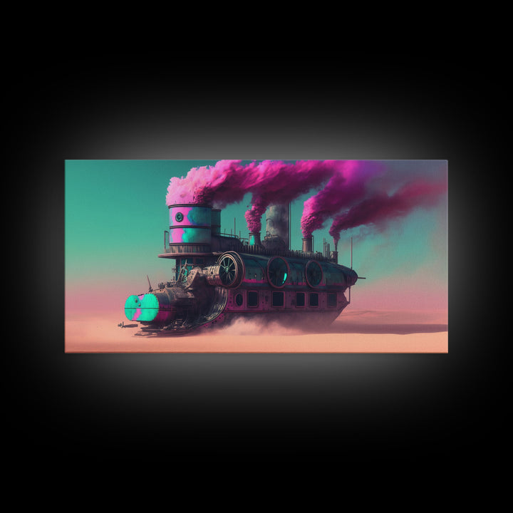 Futuristic Steampunk / Cyberpunk Mashup Art, Steampunk Riverboat In A Desert, Framed Canvas Print, Scifi Wildwest Decor