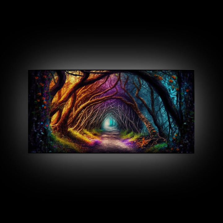 Secret Path, Fantasy Art, Pop Art Forest Landscape, Framed Canvas Print, Colorful Forest Painting, Living Room Art, Glowing Magical Forest