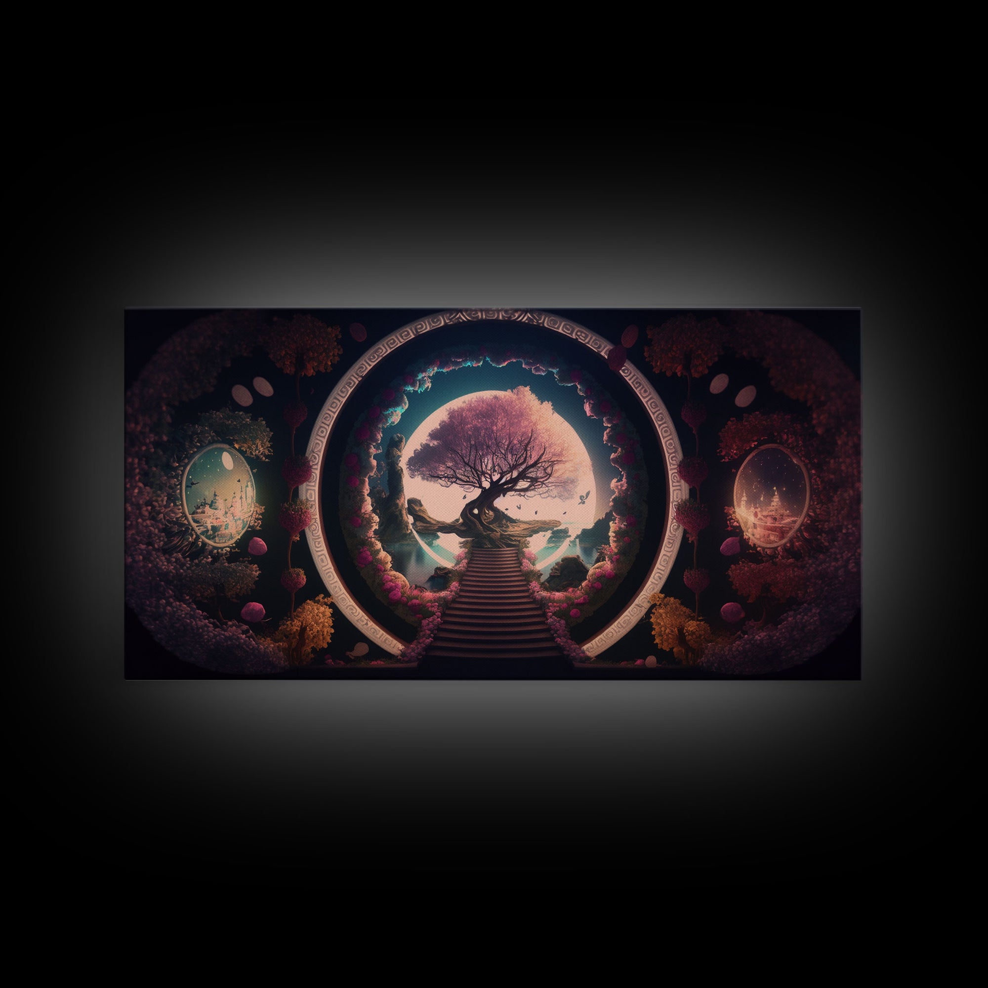 Stairway to a magical forest, fantasy concept art, framed canvas print, colorful wall decor, portal to another world