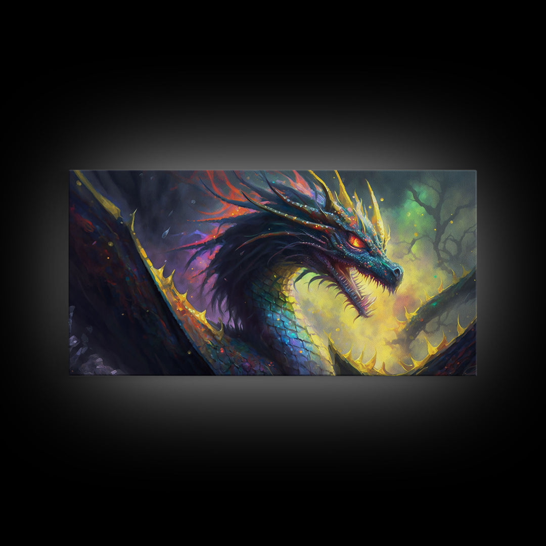 Psychedelic Fire Breathing Horned Dragon, Framed Canvas Print, Colorful Fantasy Wall Art, Videogame Concept Decor