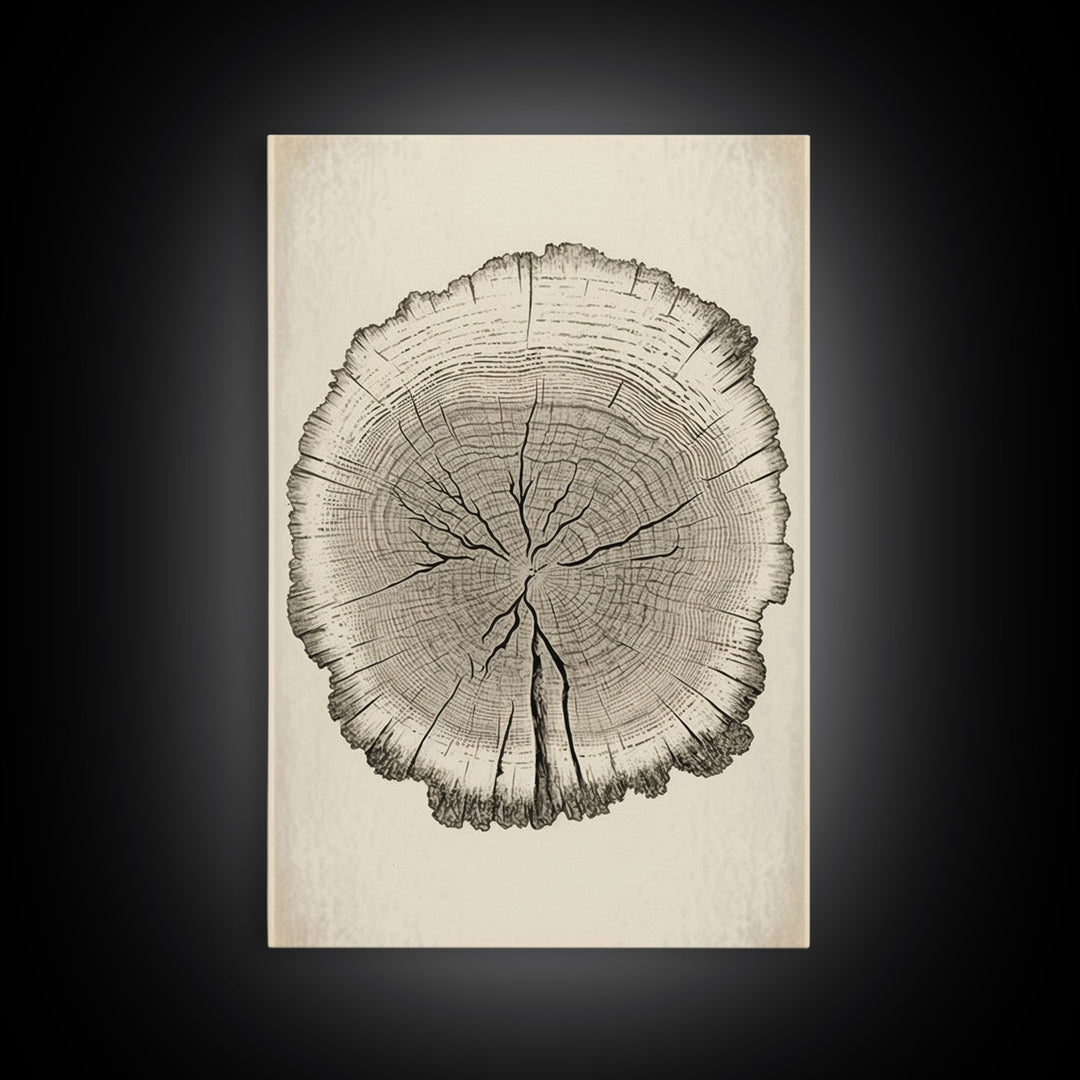 Framed Wall Art Canvas Print, Tree Cross Section, Tree Rings, Rustic Art, Farmhouse Decor, Oak Wood Tree Rings, Illustration, Gift For Him