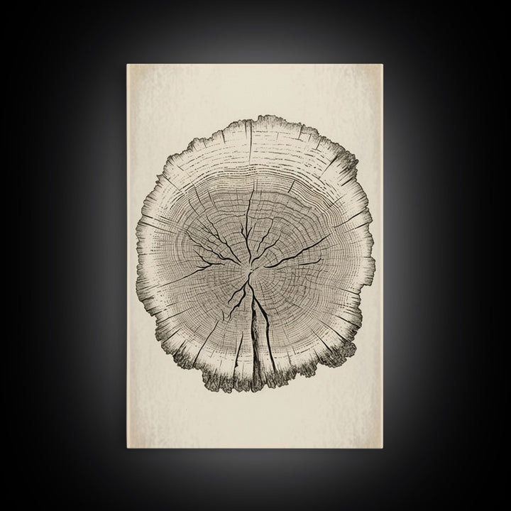 Framed Wall Art Canvas Print, Tree Cross Section, Tree Rings, Rustic Art, Farmhouse Decor, Oak Wood Tree Rings, Illustration, Gift For Him